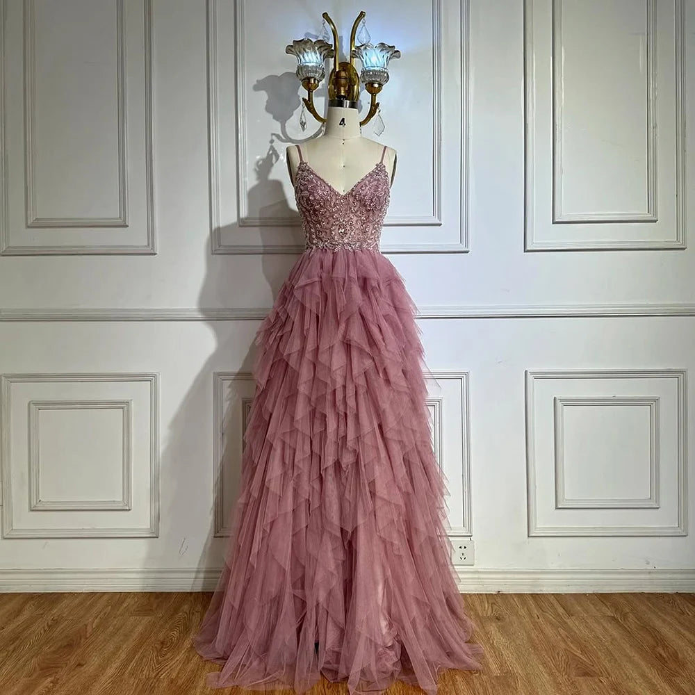 Serene Hill 2025  Pink Spaghetti Strap Evening Gown Beaded Bodice and Layered Tulle Skirt for Formal Occasion LA72893 denim skirt stylish