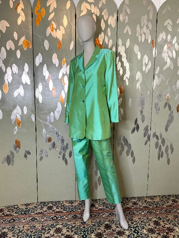 Vintage 1990s Green Silk Pant Suit, Dana Buchman, Large High-Waist Jogger Pants