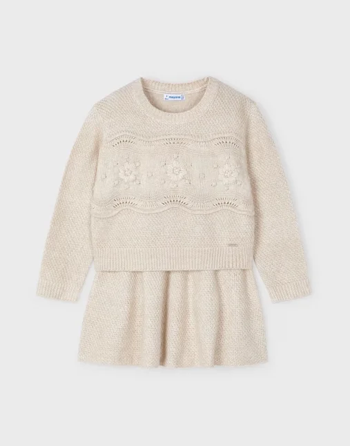 4935 Mini Girls Tricot Skirt and Sweater Set - Sand corduroy skirt comfortable