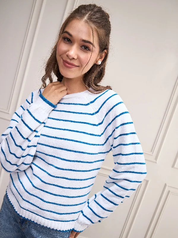 Women Blue & White Striped Full Sleeves Sweater Knit Fabric Woven Fabric Fleece Fabric Women Blue & White Striped Full Sleeves Sweater Knit Fabric Woven Fabric Fleece Fabric