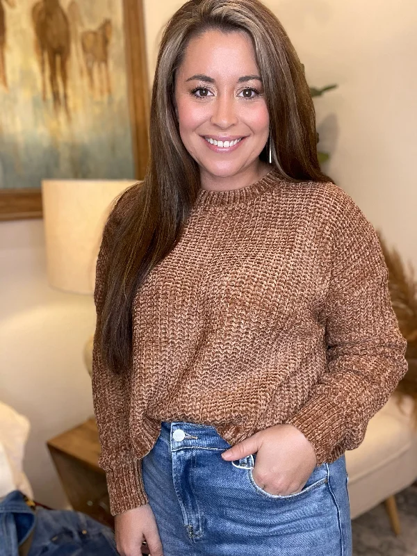 The Chenille Cropped Sweater (Deep Camel) Solid Color Striped Floral Print