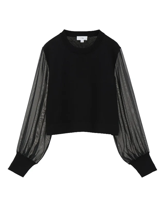 CREW NECK CROPPED SWEATER WITH SHEER SLEEVE 11387 Stylish Fashionable Trendy