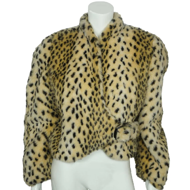 Vintage 80s Faux Fur Jacket Leopard Print Ladies Size M Welt Pockets Slit Pockets Flap Pockets