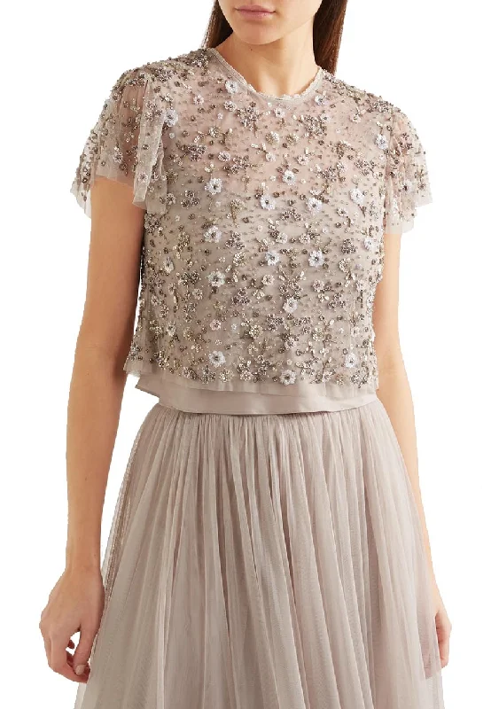 Nude Comet Embellished Tulle Cropped Top and Skirt lace skirt delicate