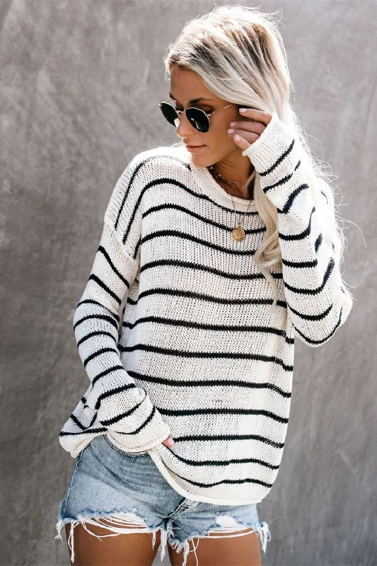 Striped Round Neck Drop Shoulder Sweater Wool Sweater Cotton Sweater Cashmere Sweater Striped Round Neck Drop Shoulder Sweater Wool Sweater Cotton Sweater Cashmere Sweater