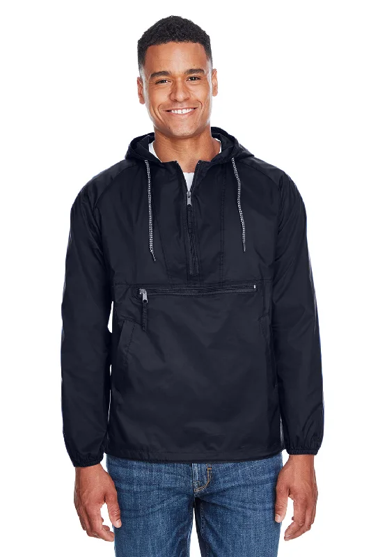 Harriton Mens Packable Wind & Water Resistant 1/4 Zip Hooded Jacket - Navy Blue Cotton Jacket Linen Jacket Terry Jacket Harriton Mens Packable Wind & Water Resistant 1/4 Zip Hooded Jacket - Navy Blue Cotton Jacket Linen Jacket Terry Jacket