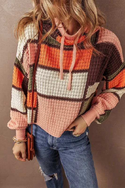 Drawstring Color Block Long Sleeve Sweater Soft Cozy Warm