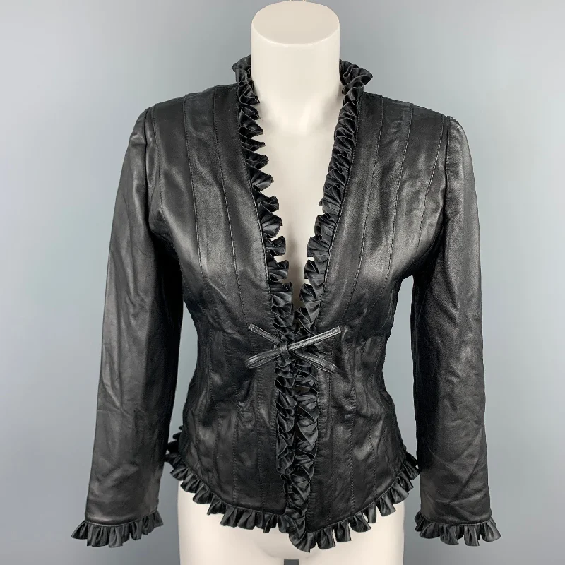 ST. JOHN Size 2 Black Leather Ruffled Jacket Fleece Fabric Down Fabric Feather Fabric ST. JOHN Size 2 Black Leather Ruffled Jacket Fleece Fabric Down Fabric Feather Fabric