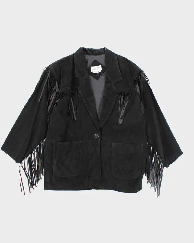 Vintage Interior Black Suede Fringe Jacket - L Zippered Front Buttoned Front Snap Front Vintage Interior Black Suede Fringe Jacket - L Zippered Front Buttoned Front Snap Front