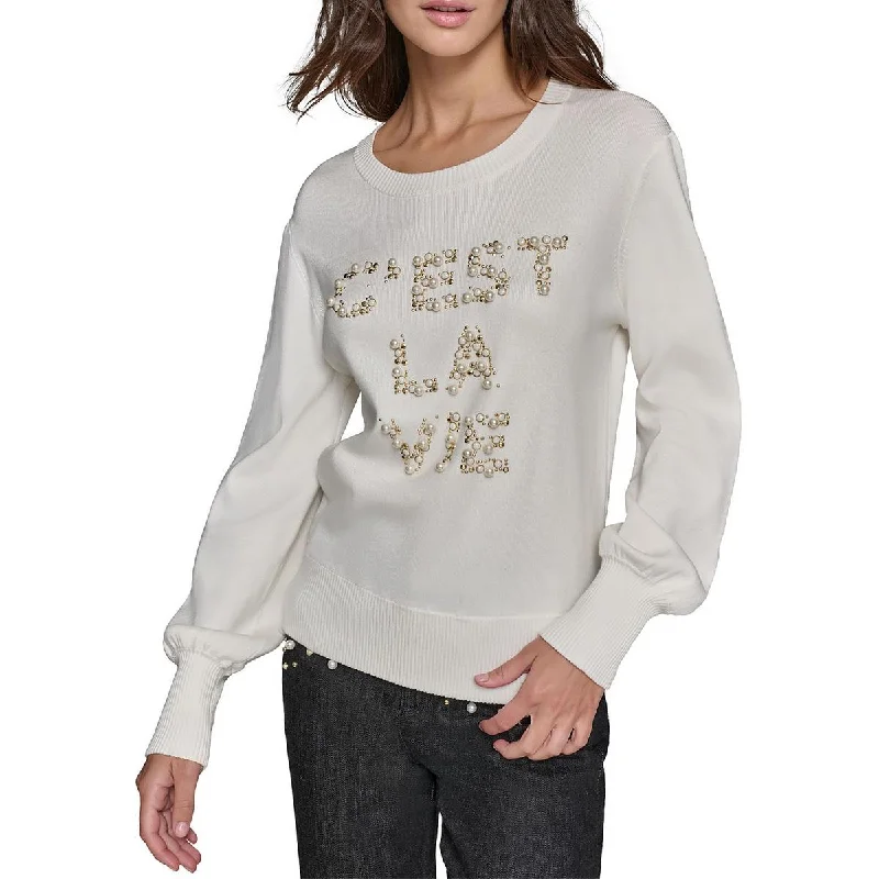 Karl Lagerfeld Paris Womens Embellished Knit Crewneck Sweater Fitted Loose Oversized Karl Lagerfeld Paris Womens Embellished Knit Crewneck Sweater Fitted Loose Oversized
