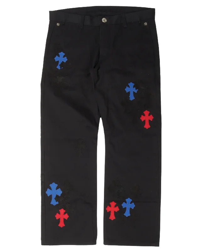 Multicolor Cross Patch Chino Pants Trendy High-Waist Trousers