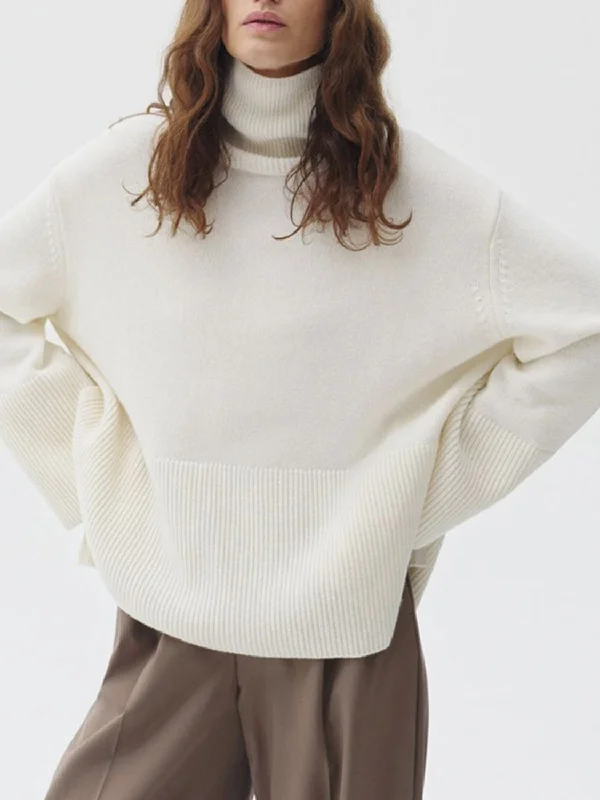 Side Slit Turtleneck Drop Shoulder Sweater Oversized Loose Flowy