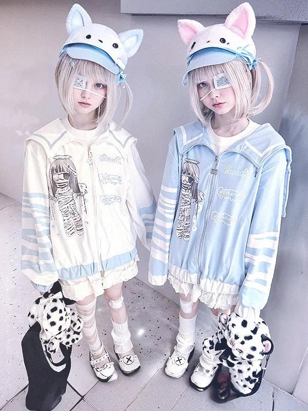 Y2K Japanese Gothic Sweatshirt - Anime Print, Sailor Collar Zip Jacket Tailored Jacket Straight Jacket A-Line Jacket Y2K Japanese Gothic Sweatshirt - Anime Print, Sailor Collar Zip Jacket Tailored Jacket Straight Jacket A-Line Jacket