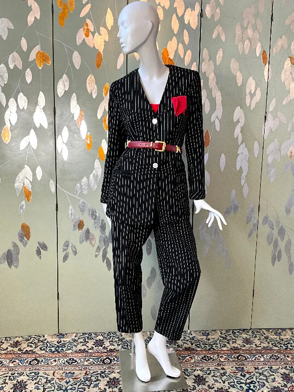 Vintage 1990s Louis Féraud Black Pinstripe Wool Pant Suit, Large Chic Slim Fit Pants