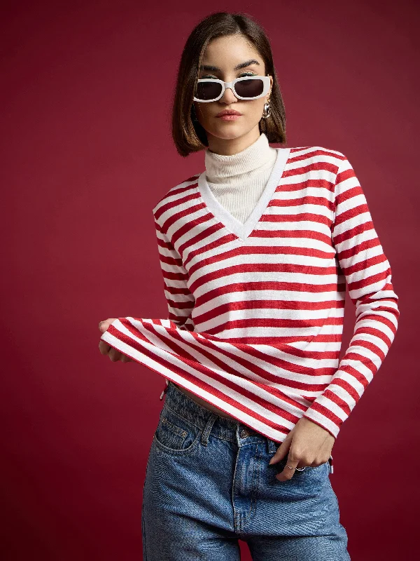 Women Red & White Striped Sweater Faux Fur Fabric Real Fur Fabric Shearling Fabric