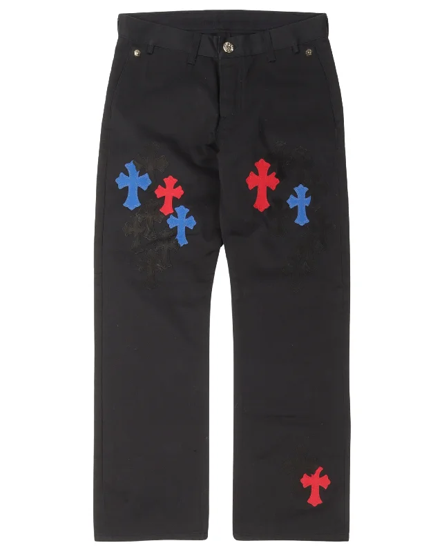 Multicolor Cross Patch Chino Pants Comfortable Denim Pants