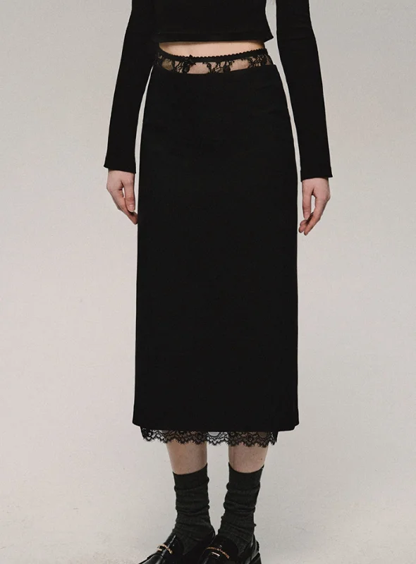 Black Lace Trim Midi Skirt linen skirt airy