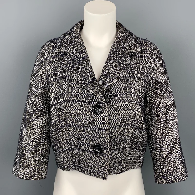 MAX MARA Size 6 Navy & White Boucle Cotton Blend Jacket Cropped Blazer Belted Jacket Elasticated Jacket Padded Jacket MAX MARA Size 6 Navy & White Boucle Cotton Blend Jacket Cropped Blazer Belted Jacket Elasticated Jacket Padded Jacket