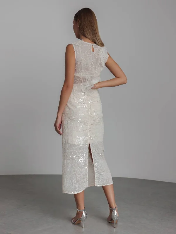 White Sequin-Embroidered Midi Skirt velvet skirt plush