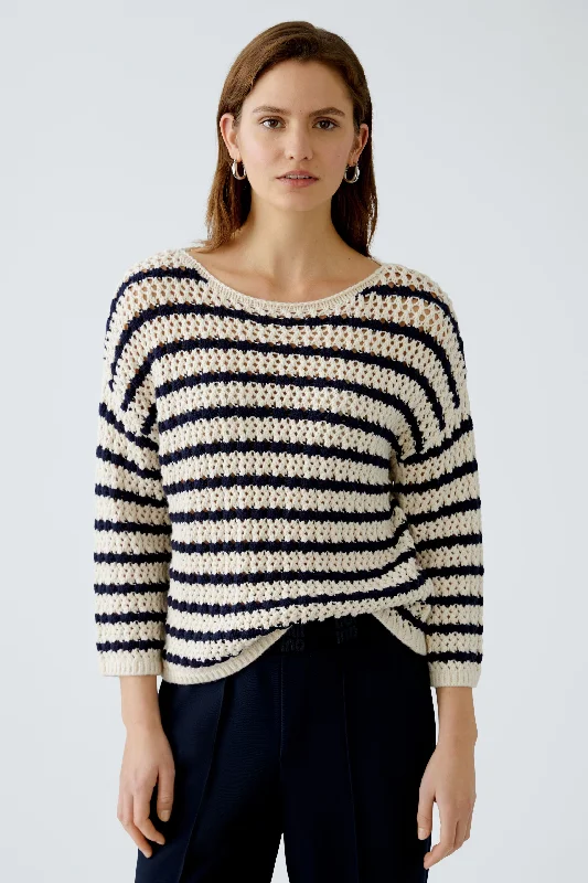 OUI White Blue Stripe Knitted Sweater Graphic Sweater Embroidered Appliqued