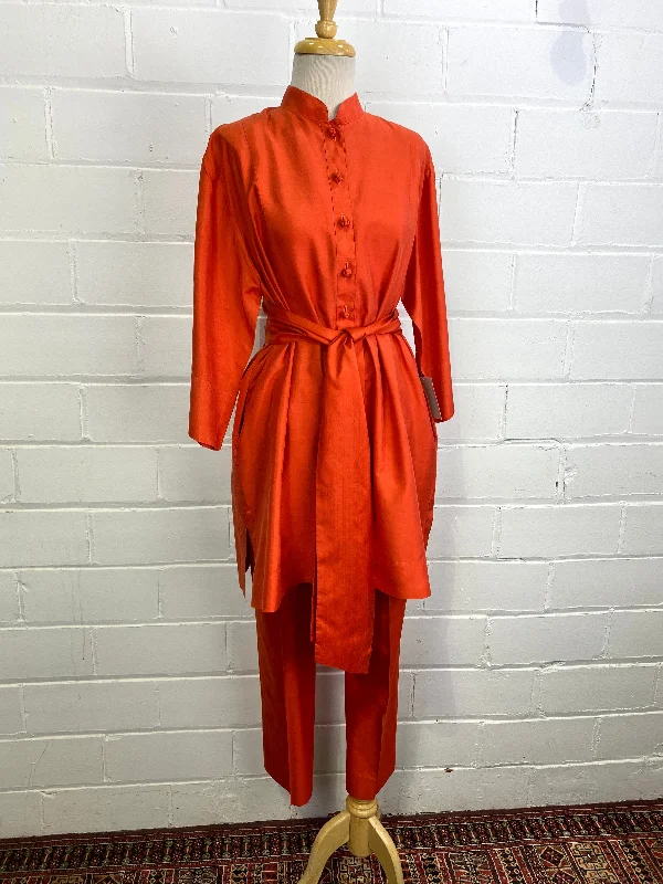 Vintage 1970s Orange Raw Silk Tunic & Pant Set with Sash Belt, W35" Casual Lounge Pants