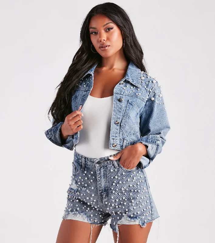 Trendy Glam Vibe Pearl Denim Jacket Wool Jacket Cashmere Jacket Tweed Jacket