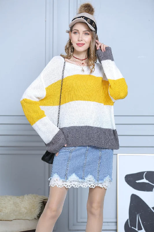 Color Block Stripe Knit Sweater Striped Floral Plaid