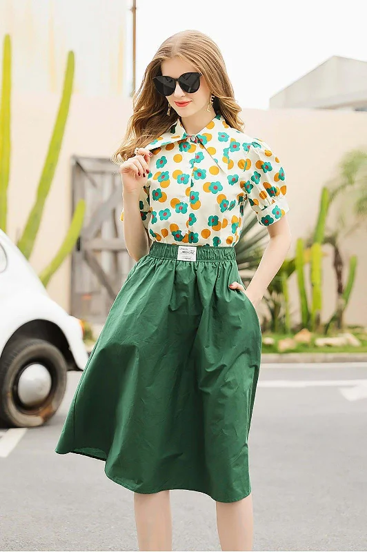 Floral Print Top & Green Skirt Two-piece Set cashmere skirt fine