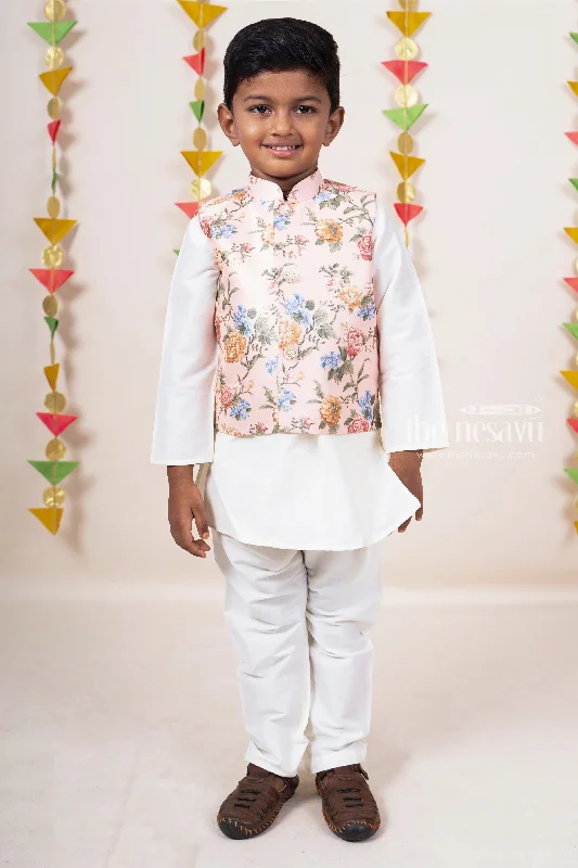 Peach Pink Half White Readymade Kurta Wear With Floral Jacket For Baby Boys Nylon Fabric Polyester Fabric Spandex Fabric Peach Pink Half White Readymade Kurta Wear With Floral Jacket For Baby Boys Nylon Fabric Polyester Fabric Spandex Fabric