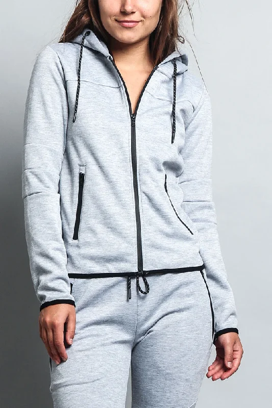 Women's Athletic Zip Up Hooded Sweater (Top Only) Glossy Satin Silk