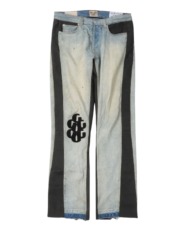G Patch La Flare Leather and Denim Pants Stylish Slim Trousers