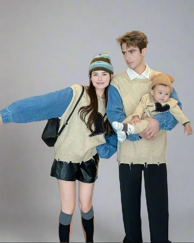 Family Matching Oversized Heart Patch Sweaters – Trendy Streetwear Style Spandex Blend Rayon Blend Denim Blend