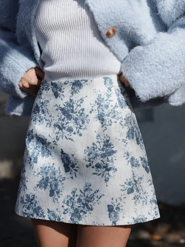 Blue Floral Mini Skirt silk skirt luxurious