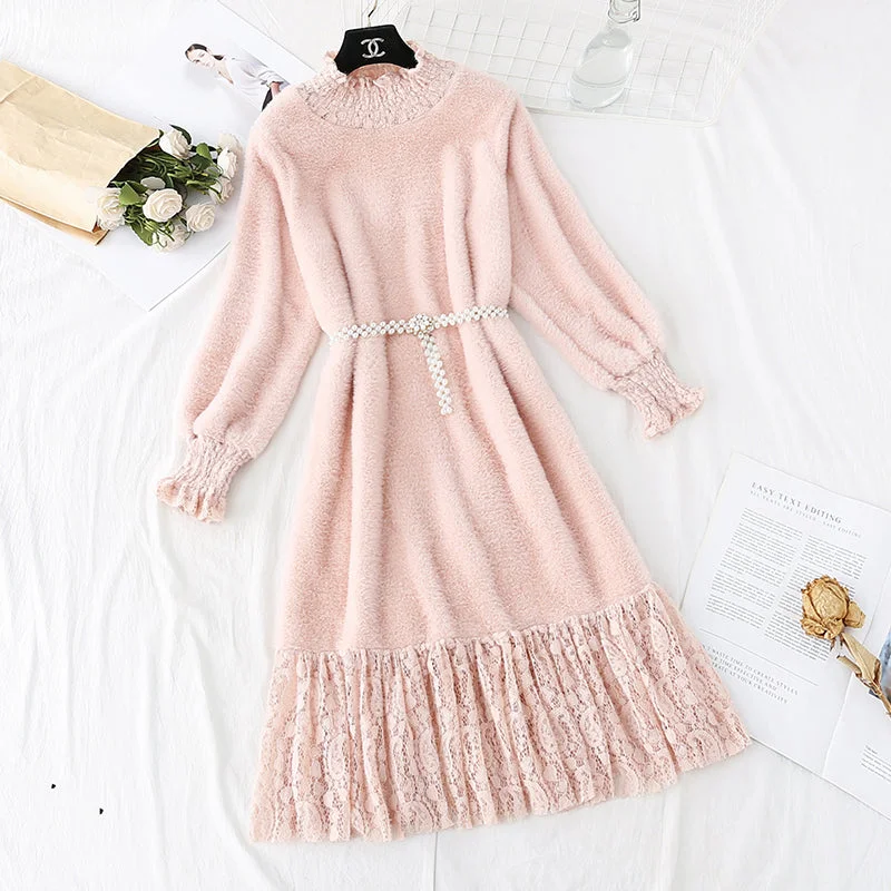 New style lace stitched knee length mink sweater with bottom skirt 4767 Mesh Sweater Canvas Denim New style lace stitched knee length mink sweater with bottom skirt 4767 Mesh Sweater Canvas Denim
