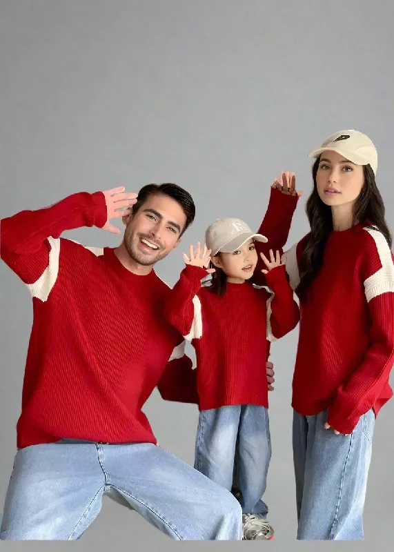 Matching Family Colorblock Knit Sweaters – Cozy Red with Modern Style Notch Collar Peter Pan Collar Cowl Neck Matching Family Colorblock Knit Sweaters – Cozy Red with Modern Style Notch Collar Peter Pan Collar Cowl Neck
