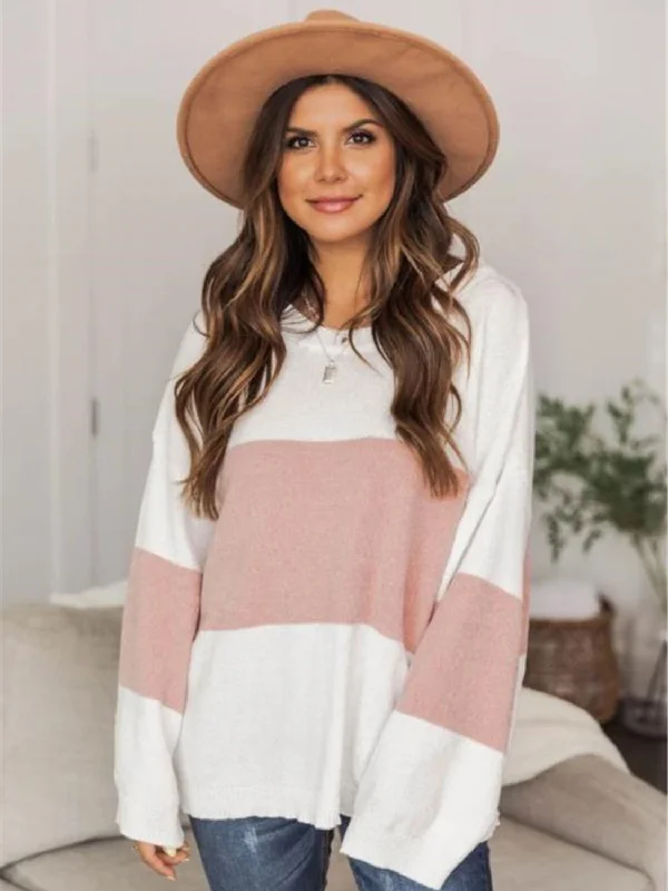 Color Block Round Neck Long Sleeve Sweater Cashmere Blend Cotton Blend Poly Blend