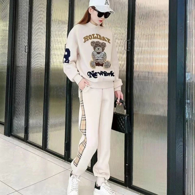 Women's Casual Sweat Suit Spring Autumn Plush Sweater Set Houndstooth Herringbone Solid