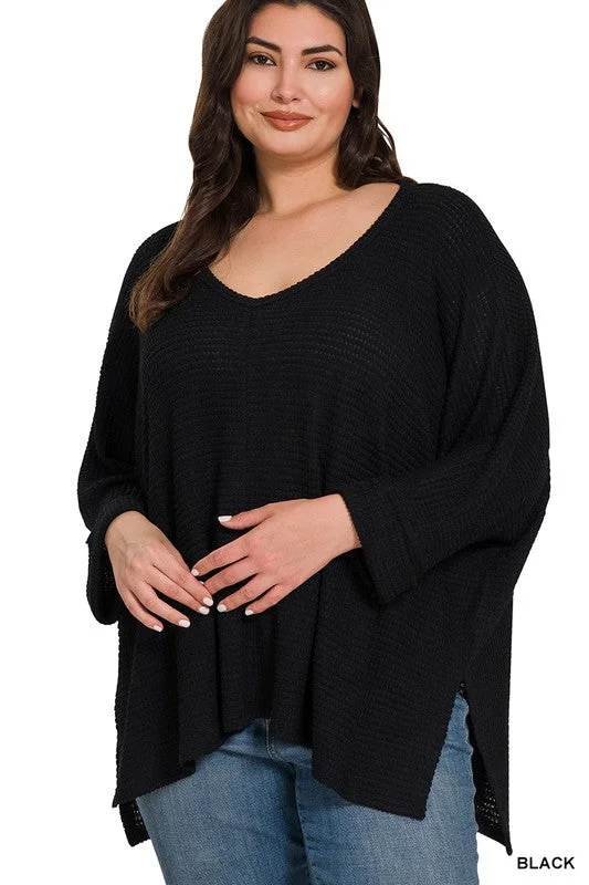 Curvy Gal Jacquard 3/4 Sleeve Sweater -Black High Neck Crew Neck V-Neck