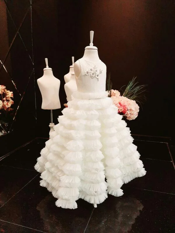 Ready to Ship Dovita Ruffles Skirt 3D Flowers Appliques  Fabia Flower Girl Communion Gown lace skirt intricate