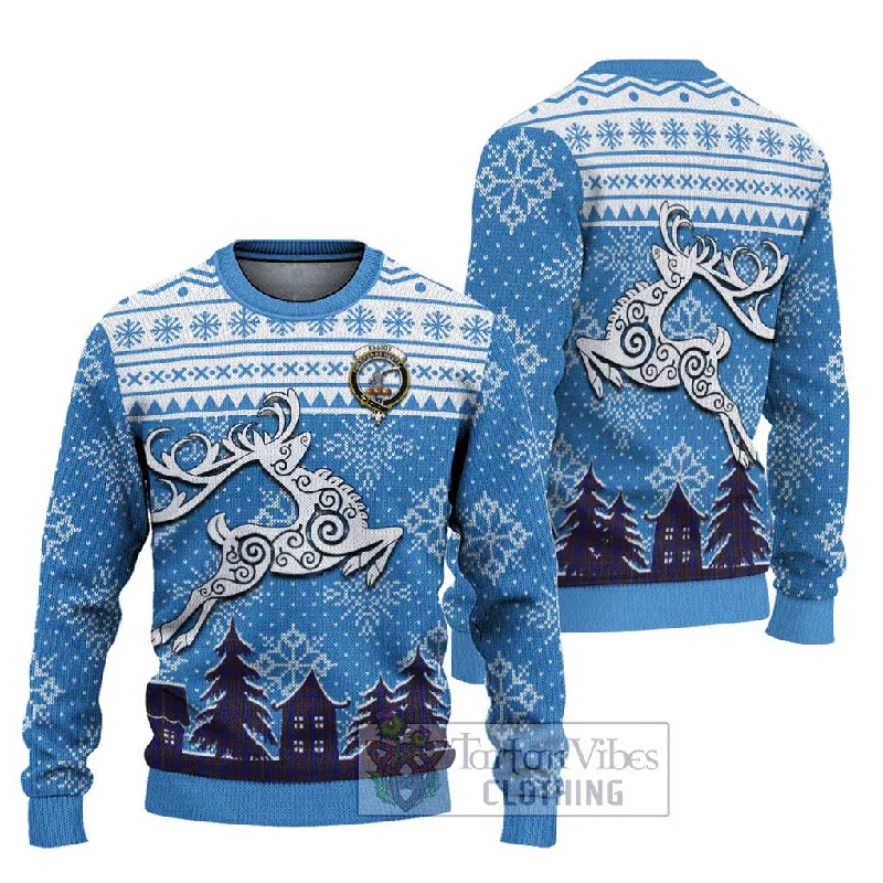 Elliot Clan Christmas Ugly Sweater Celtic Reindeer Style Mesh Sweater Canvas Denim