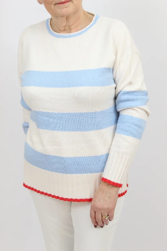 FRIEDA AND FREDDIES Blue Stripe Sweater Embroidered Appliqued Beaded