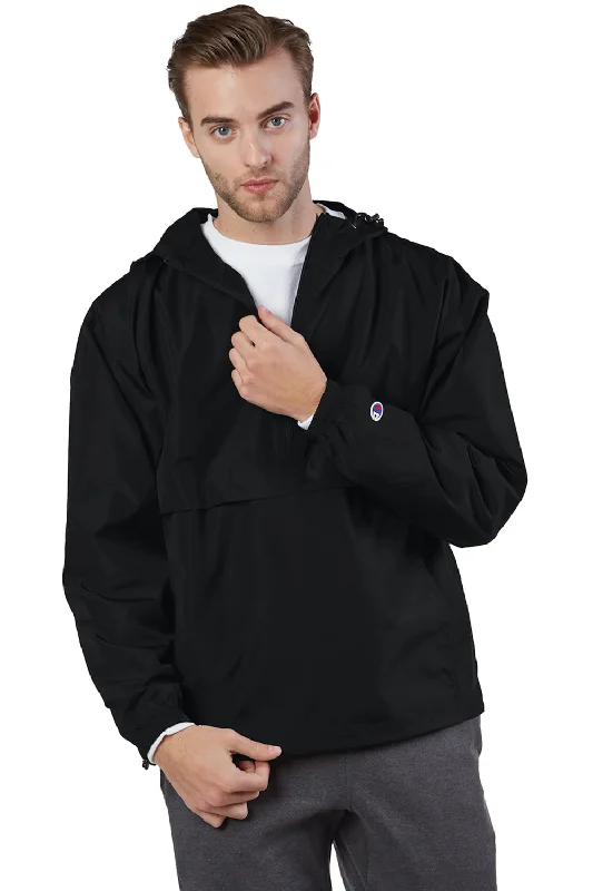 Champion Mens Packable Wind & Water Resistant Anorak 1/4 Zip Hooded Jacket - Black Jacket Blazer Coat Champion Mens Packable Wind & Water Resistant Anorak 1/4 Zip Hooded Jacket - Black Jacket Blazer Coat