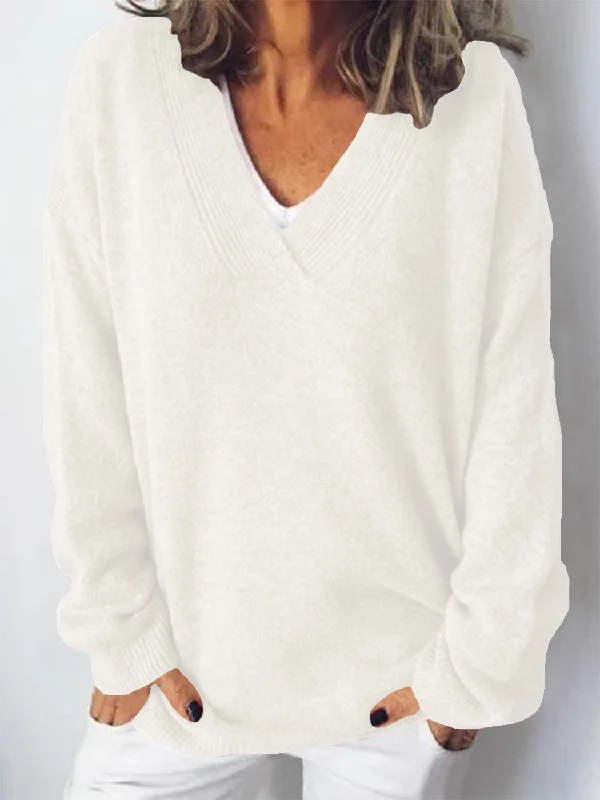 V-Neck Dropped Shoulder Sweater Solid Color Striped Floral Print