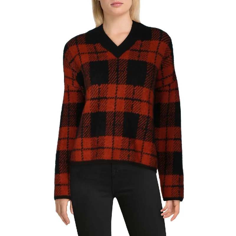 Rails Womens Colleen Wool Blend Plaid V-Neck Sweater Stretchy Elastic Breathable