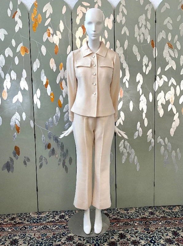 Vintage 1960s Courreges Mod Cream Pant Suit, Small Soft Stretch Trousers