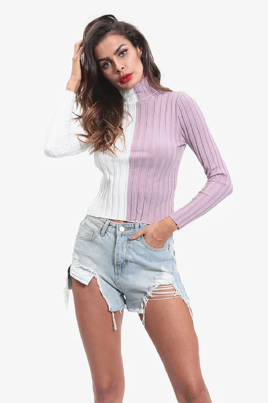 Color Block Turtleneck Knit Sweater Mesh Blend Leather Blend Suede Blend