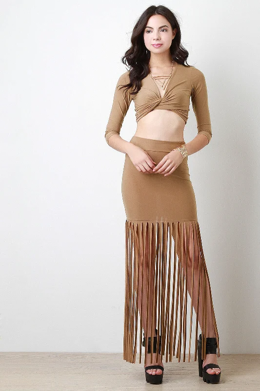 Fringe Accent Maxi Skirt wool skirt sturdy