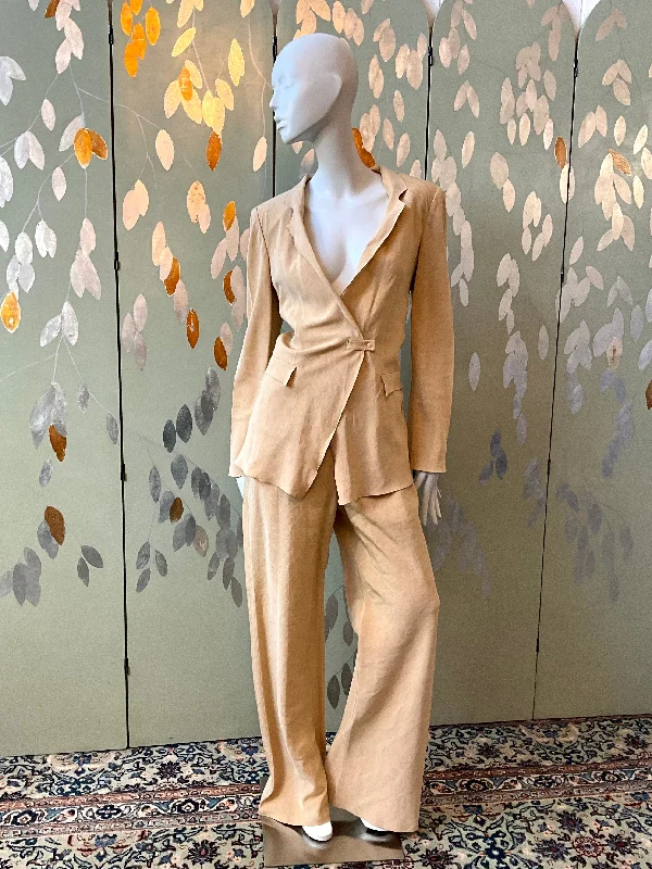 Vintage 1990s Giorgio Armani Tan Linen-Silk Pant Set, Large Chic Checkered Pants