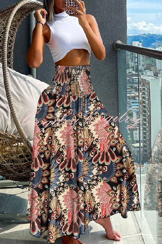 Unique Printed Pleated Elastic Waist Holiday Casual Maxi Skirt leather skirt bold