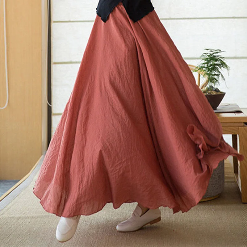 Buddha Stones Solid Color Elastic High Waist Linen Skirt high waist skirt